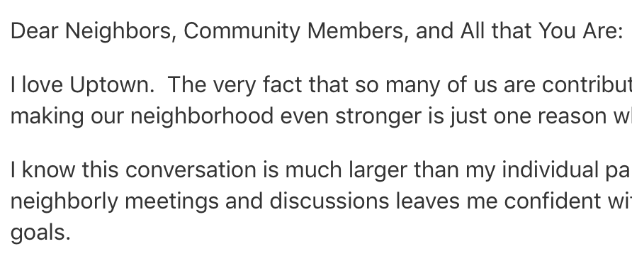 Dear Neighbors, Community Members, and All that You Are: