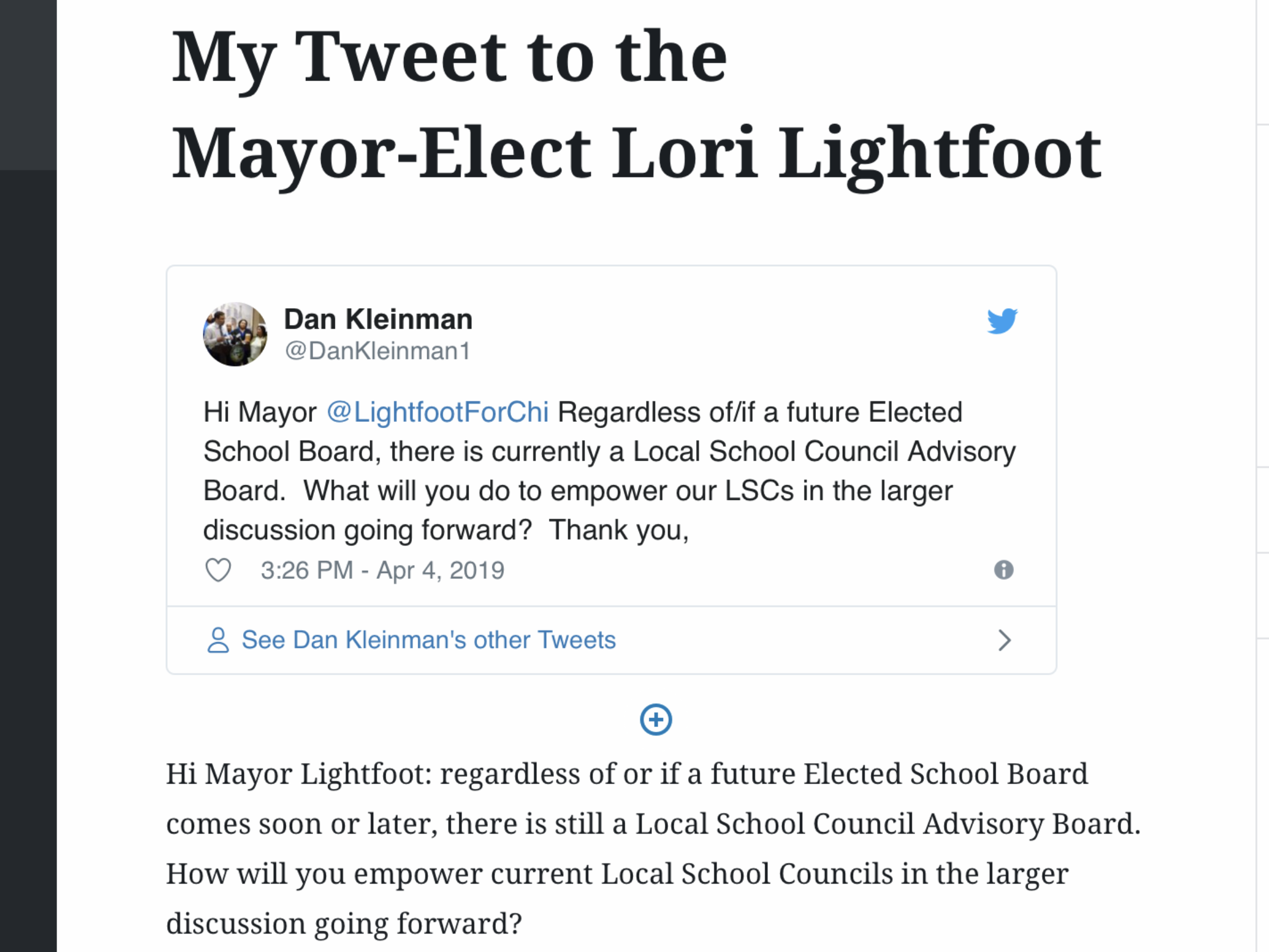 My Tweet to the Mayor-Elect Lori Lightfoot