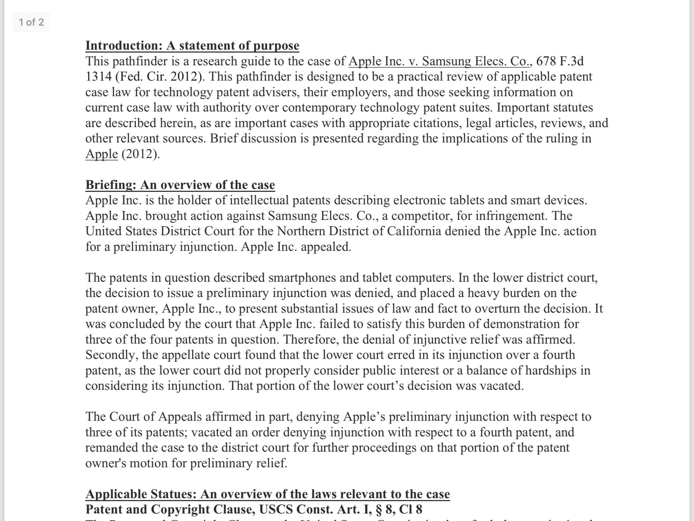 Apple Inc. v. Samsung Elecs. Co.: A Pathfinder Writing Sample