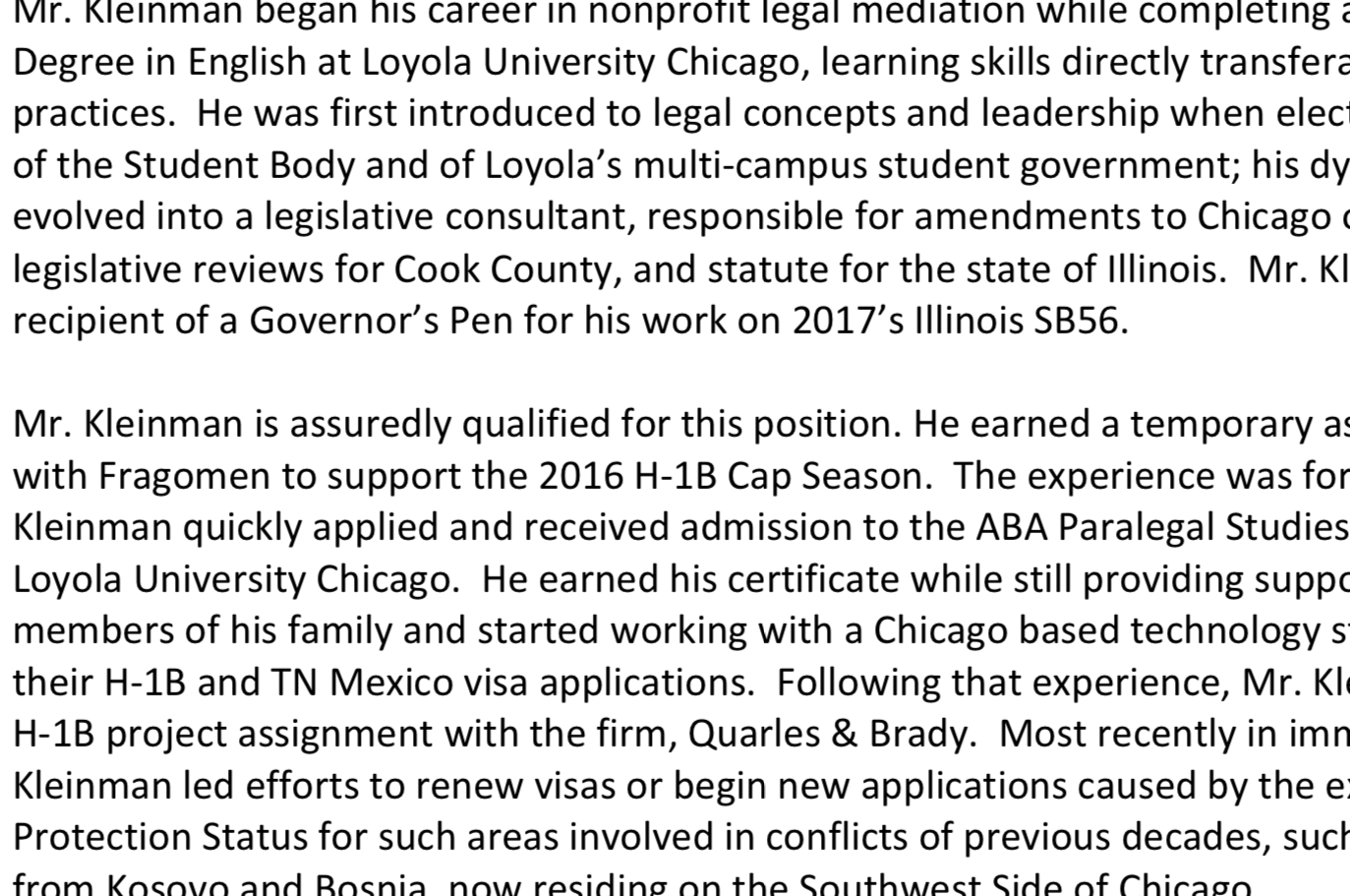 Writing Sample: Immigration USCIS Letter of Support Example