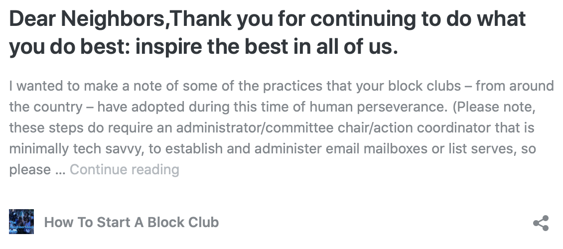 A letter- Dear Neighbors, Thank you for continuing to do what you do best: inspire the best in all of us.
