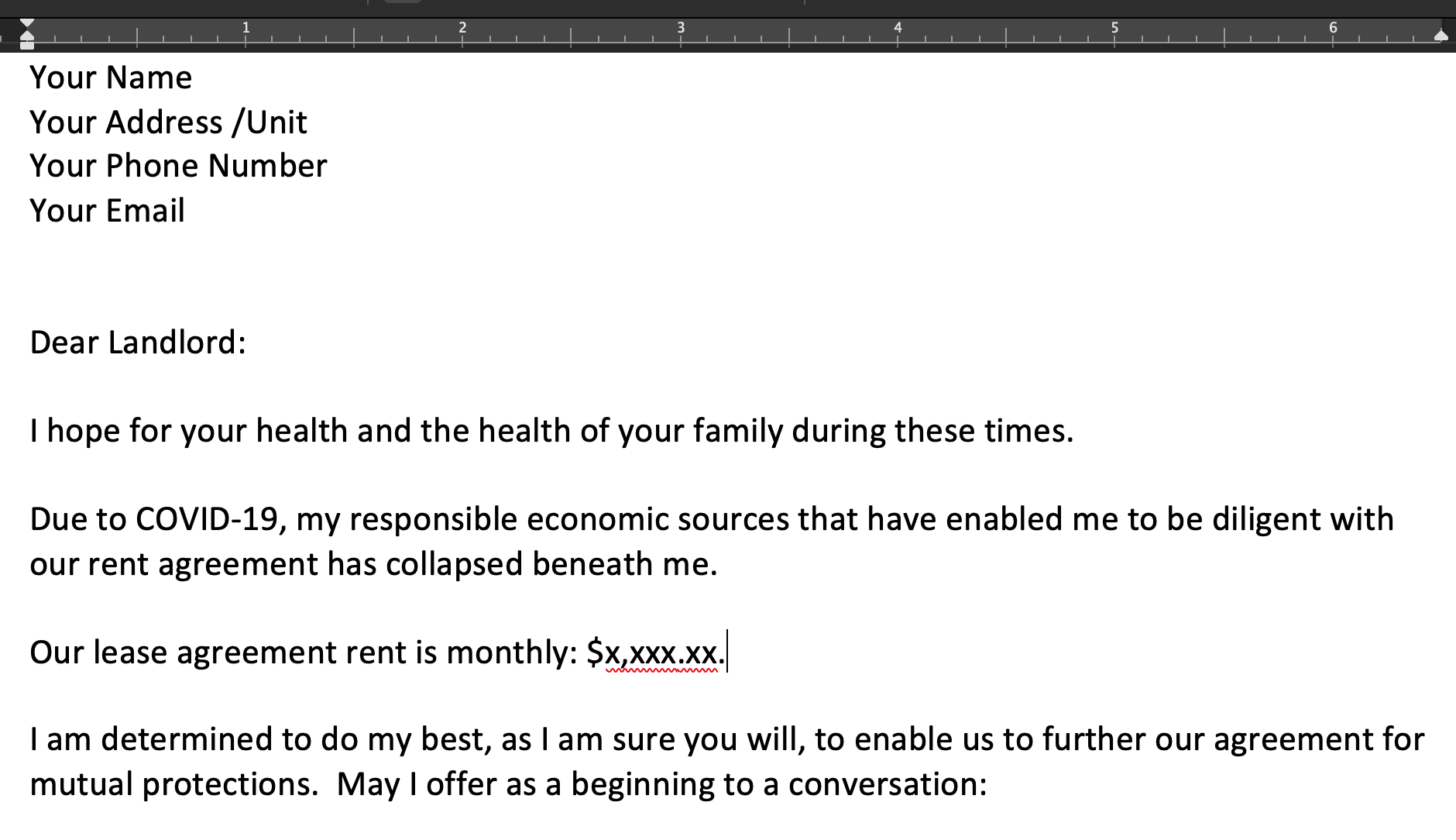 Example Landlord Tenant Letter for COVID-19