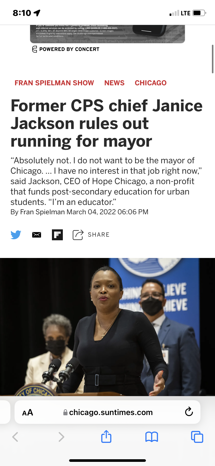 “Former CPS chief Janice Jackson rules out running for mayor”. —- good.